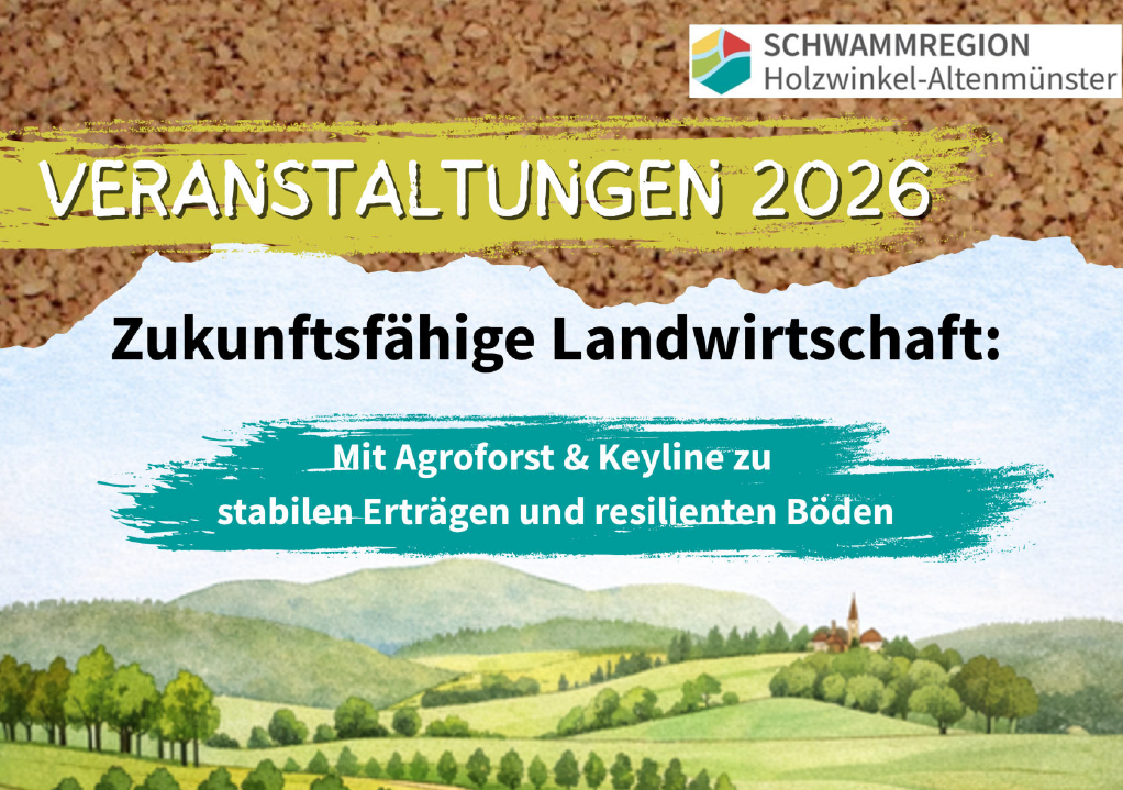 Obere Hälfte des Veranstaltungsposters. Titel: Veranstaltungen 2026, Zukunftsfähige Landwirtschaft, Logo Schwammregion Holzwinkel-Altenmünster