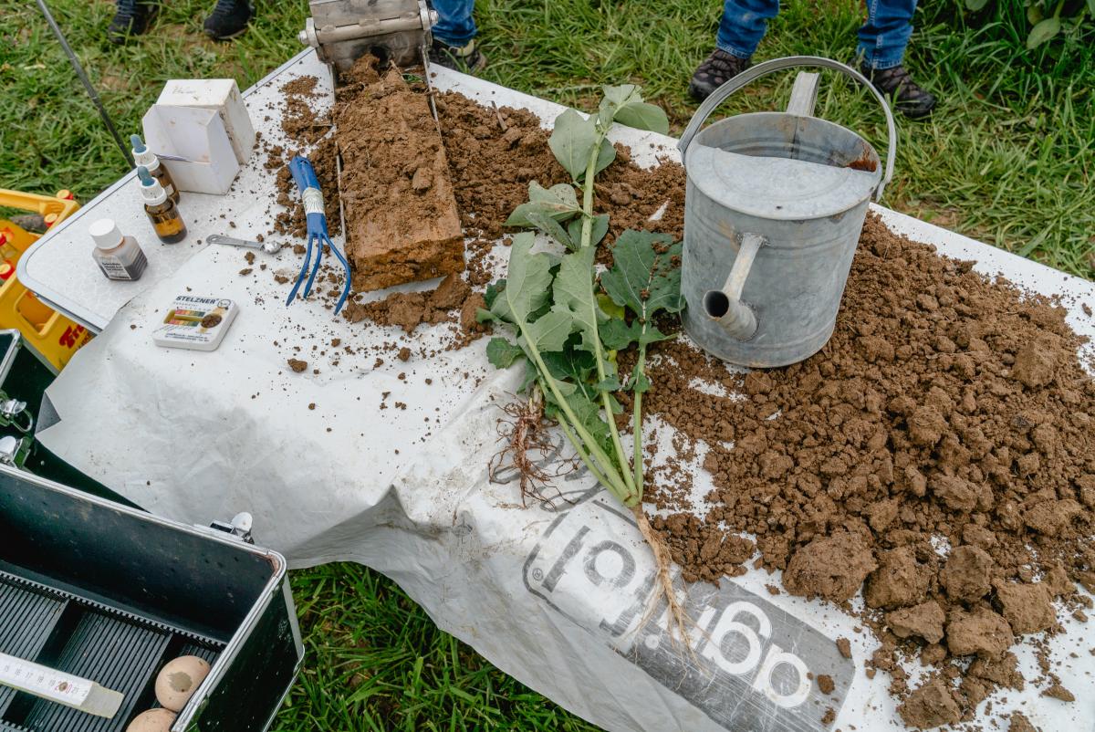 Auf einem Tisch im Feld sind Gießkanne, Bodenblockentnehmer, Indikationsfläschschen, Oberboden - und eine Zwischenfrucht ausgebreitet