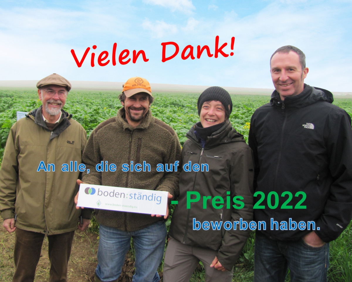 Vier zufrieden lachende Menschen stehen auf einem Acker und halten ein boden:ständig-Schild in der Hand. Bunt über das Bild der Text: Vielen Dank an alle, die sich auf den boden:ständig-Preis 2022 beworben haben.