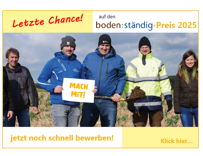 Das boden:ständig-Preis-Bild mit fünf Menschen, Schild: Mach mit und header: "Letzte Chance auf den boden:ständig-Preis 2025" - jetzt noch schnell bewerben! Klick hier...