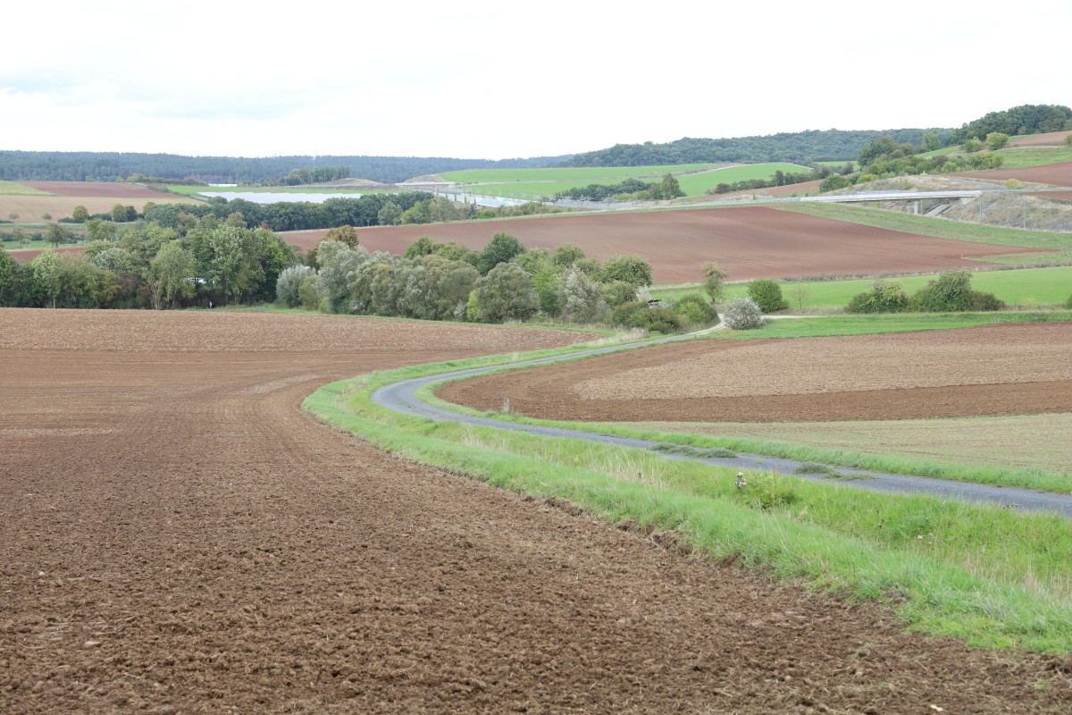 Blick in die Landschaft mit Feldern und Wiesen