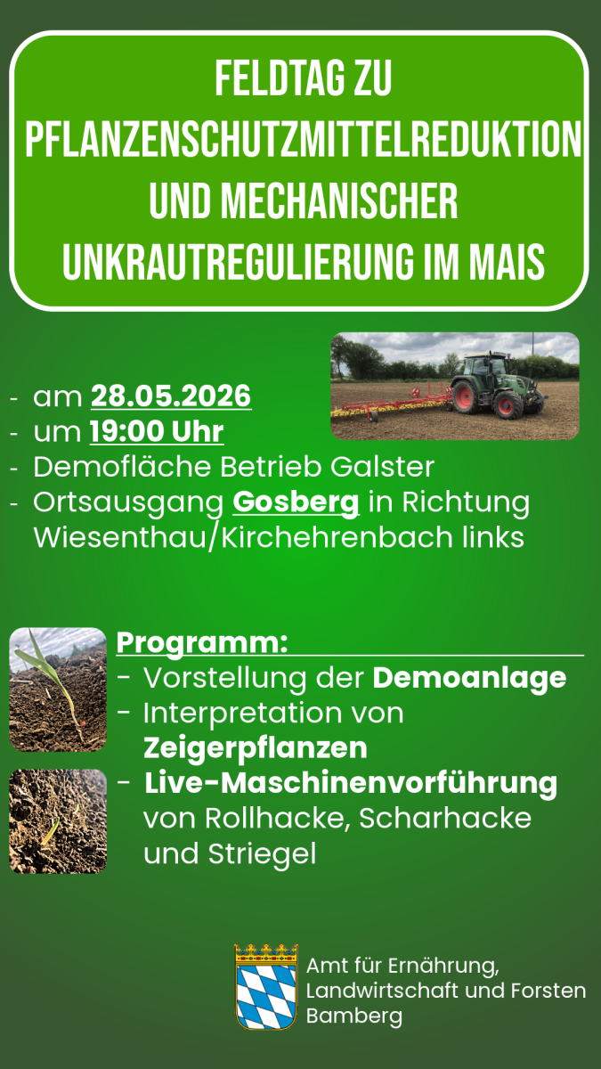 Flyer mit Daten zum Feldtag und Fotos von einem Schlepper mit Striegel auf einer Ackerfläche
