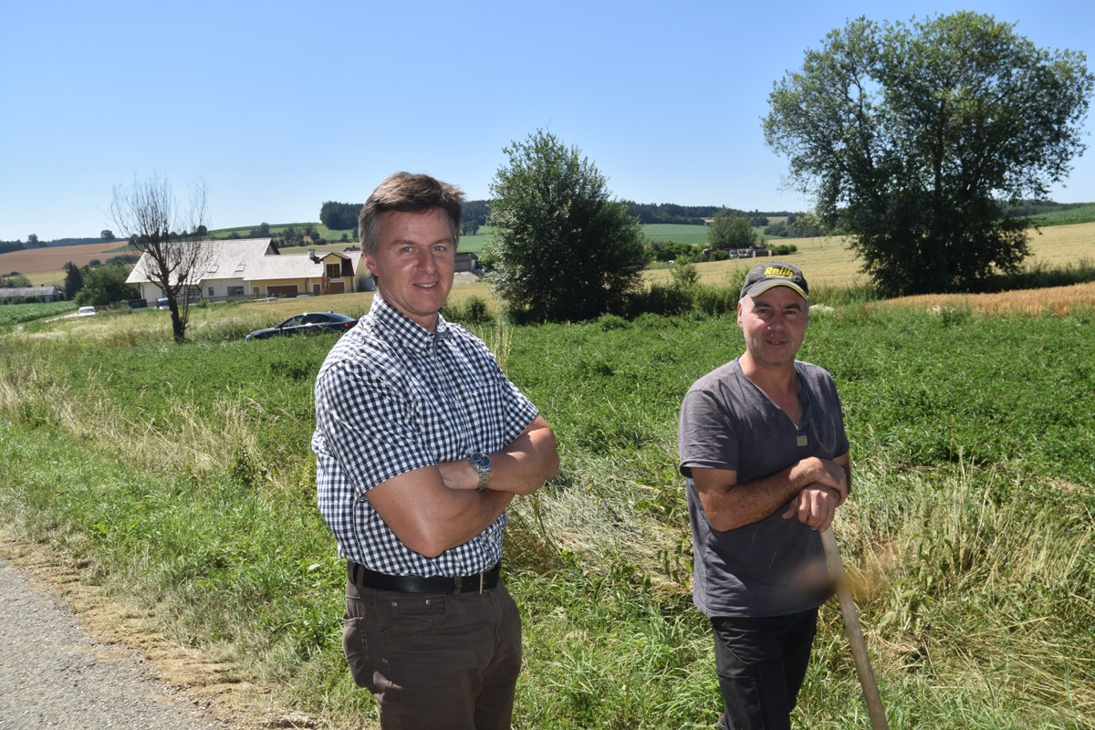 Rekonstruktion des Wasserablaufs: Oswald Kaufmann (Teugn) und Dr. Christian Thurmaier (ALE Niederbayern) vor begrünter Abflussmulde