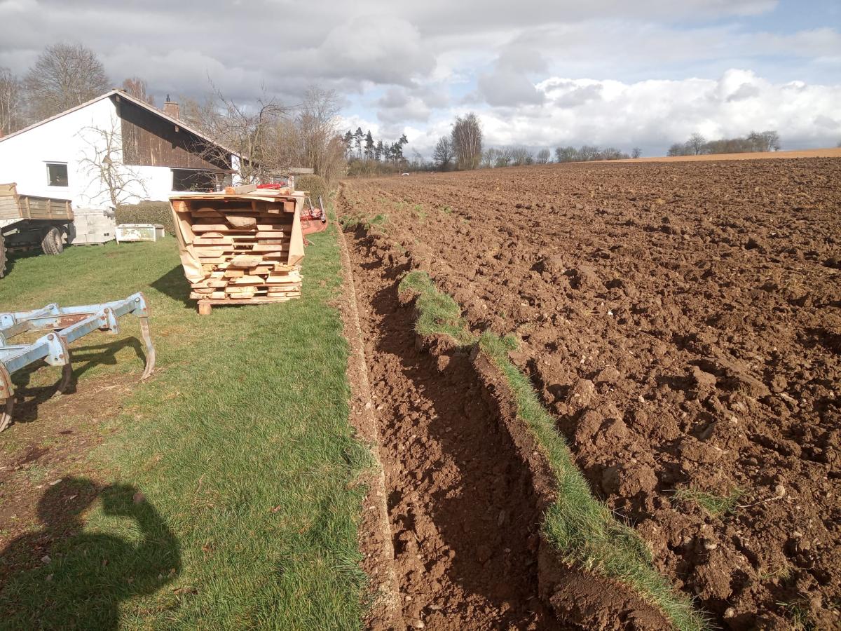 Foto: im linken Bereich des Bildes ist ein Grundstück mit Garten und Haus, im rechten Teil des Bildes ist ein geplügter Acker; Acker und Grundstück trennt eine tiefe Pflugfurche