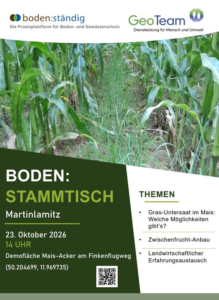 Veranstaltungsplakat zum Bodenstammtisch mit Maispflanzen mit Grasuntersaat in Bildmitte