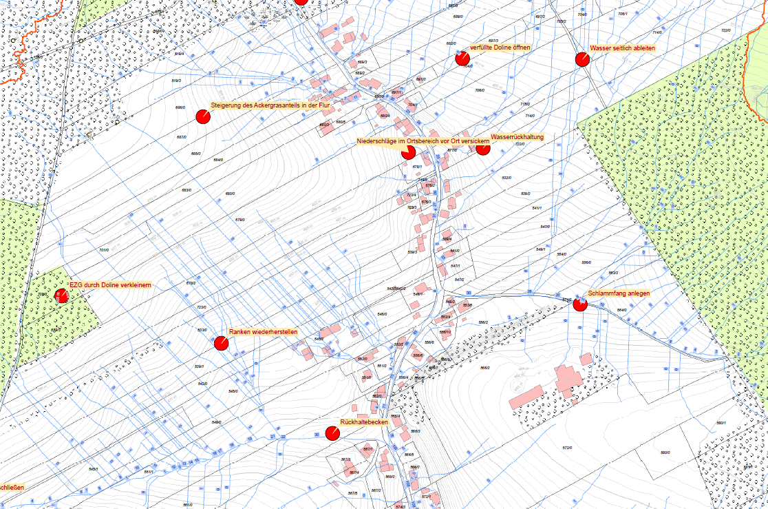Flurkarte mit GIS-berechneten Abflussbahnen in hoher Auflösung sowie neun Punkten mit Vorschlägen wie "verfüllte Doline öffnen" oder "im Ort versickern"