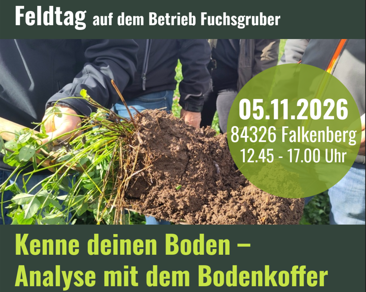 Ausgestochenes Bodenstück mit Kleebestand auf Spaten, darumherum einige Menschen. Beschriftung: Feldtag+Daten