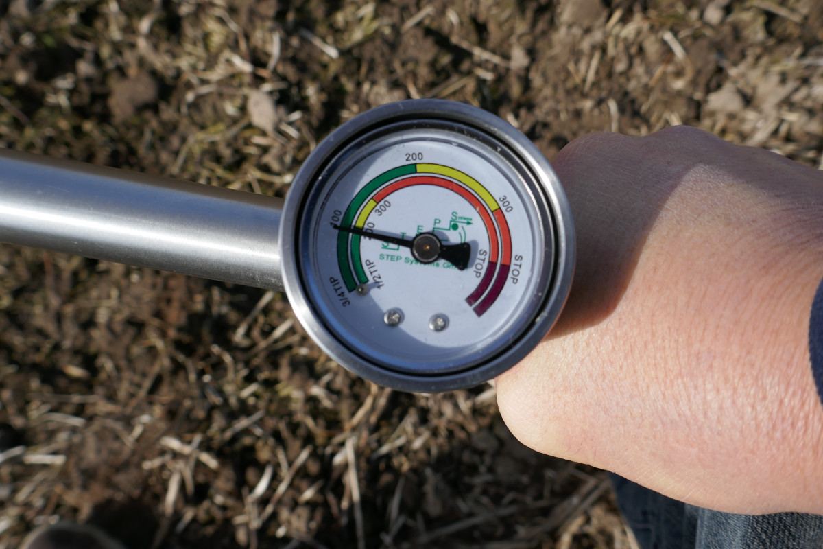 Foto: Prüfung der Bodendichte mit einem Penetrometer auf einem Feld mit Zwischenfrüchten, der Zeiger liegt im grünen Feld