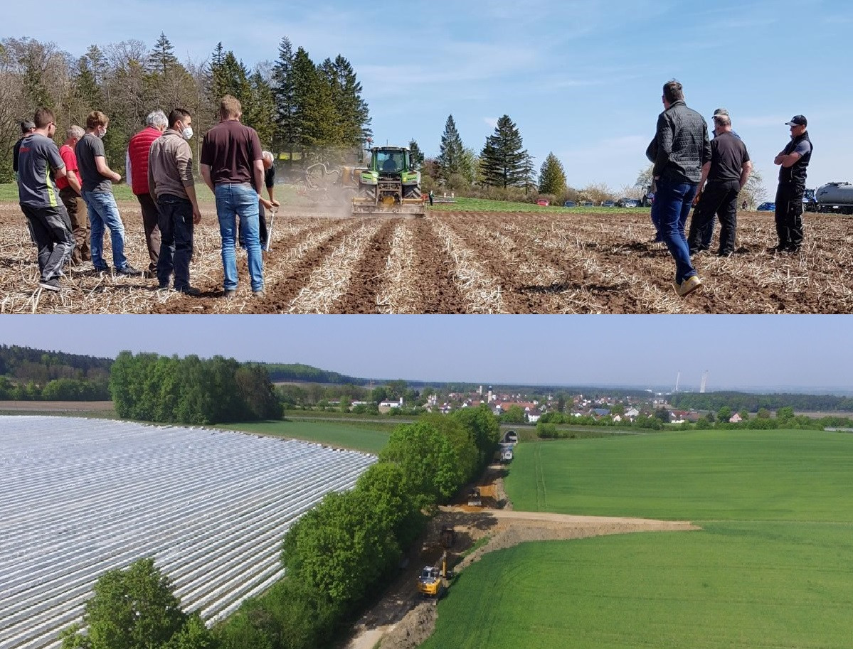 Oben: Feldtag mit Maschinenvorführung(Striptill), unten: EInstaubereich auf Ackerfläche durch Weghöherlegung, Schrägluftbild